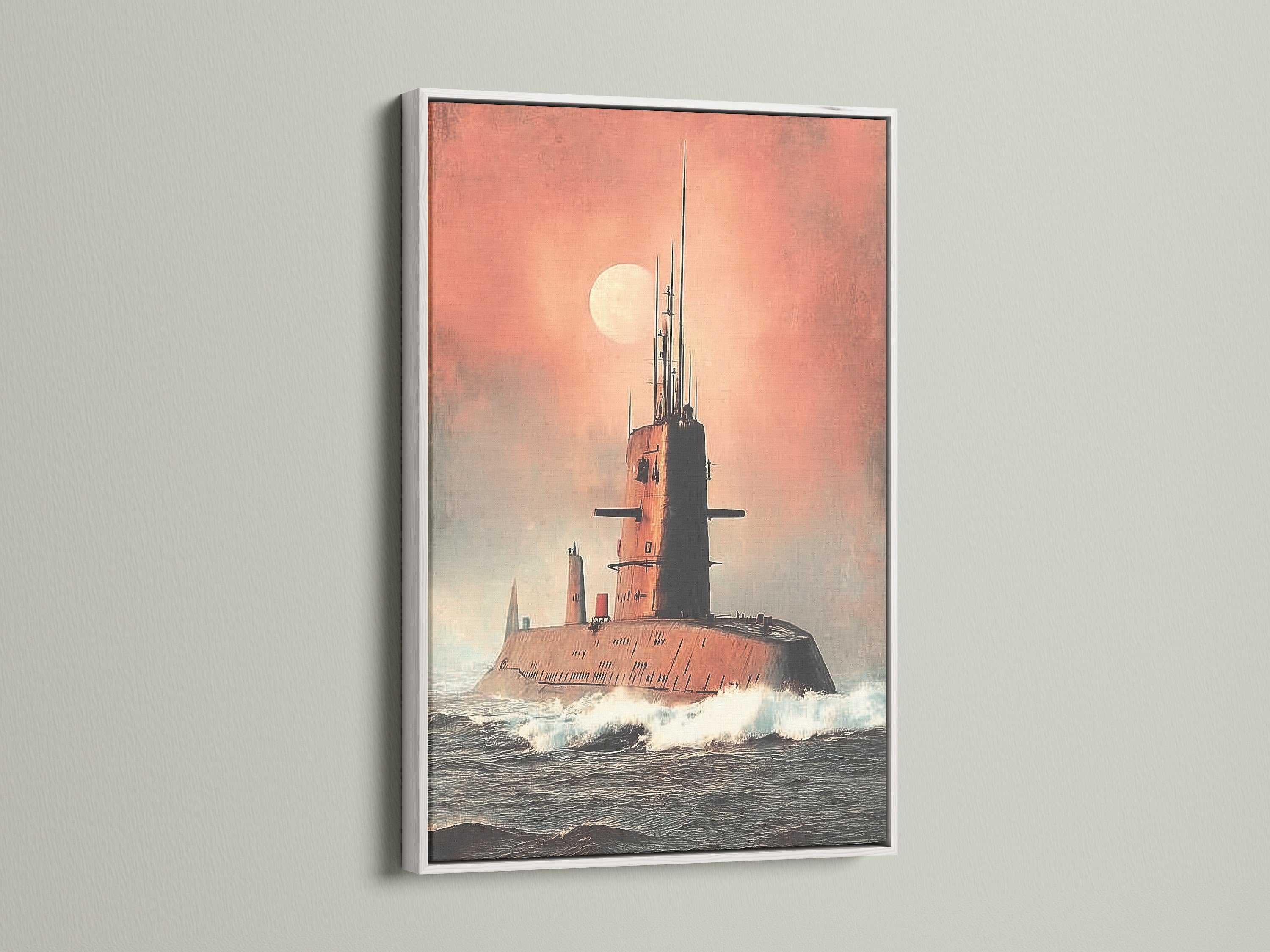 A submarine poster displayed in a white frame. This military print adds a clean look to your wall decor. The white frame contrasts beautifully with the vintage naval artwork. Ideal for study rooms offices and home theaters.