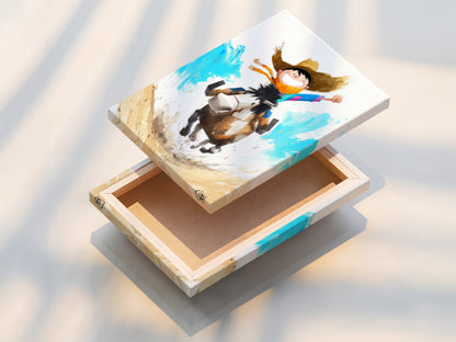 Stretched canvas print of the Boy Riding Horse Artwork. The canvas print creates a gallery-quality look. The stretched canvas is ready to hang. Perfect for adding a touch of western charm to your home or office decor.