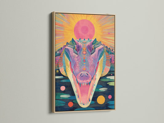 A close-up shot reveals the exquisite detailing of the oak frame. The frame enhances a vibrant alligator artwork. This frame adds a touch of natural elegance to any room. Elevate your home décor with framed art.