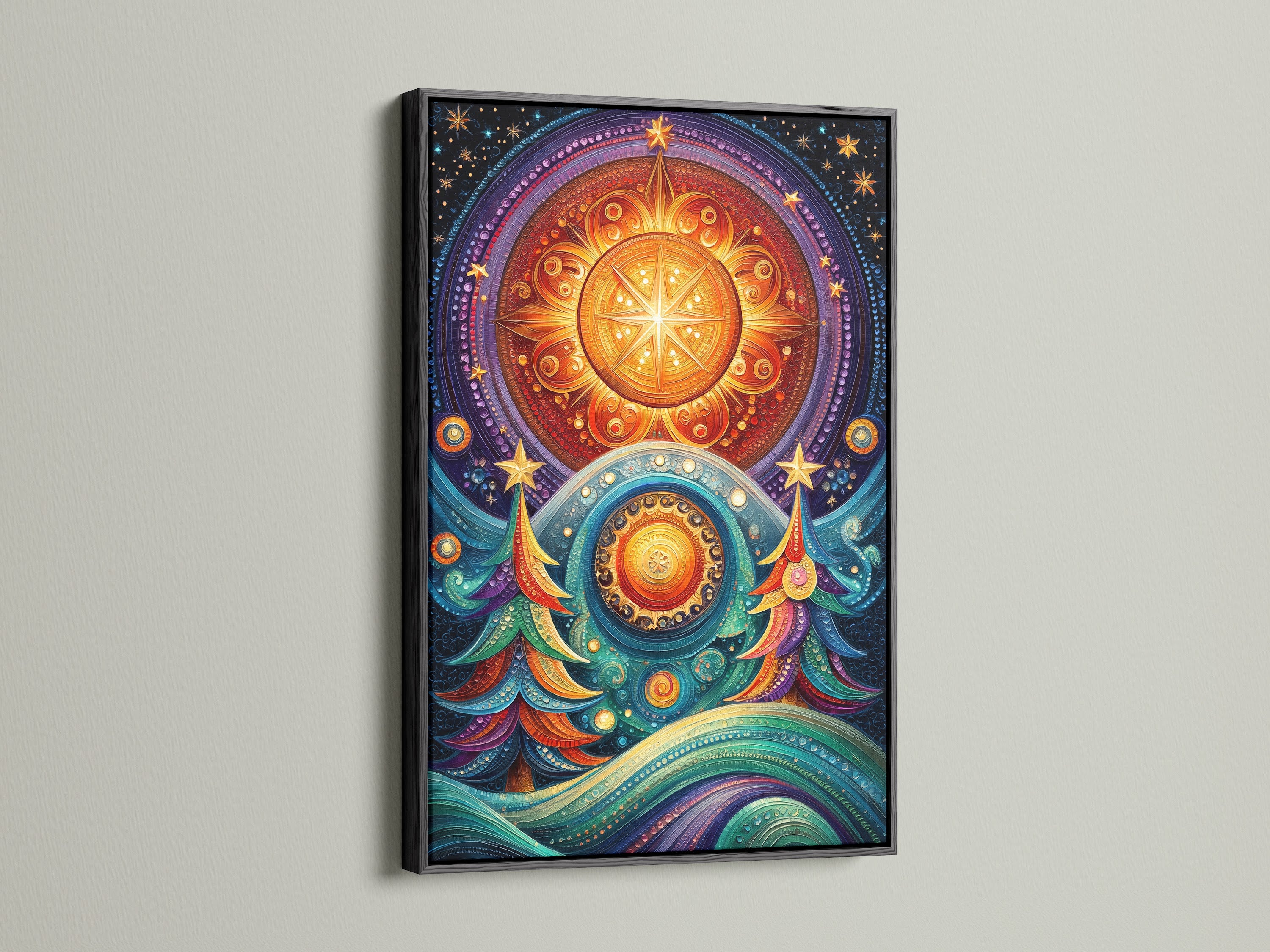 Celestial Tree Canvas Print with boho mandala artwork in a black frame. This colorful starry night art is ideal for meditation. It's a vibrant addition to bohemian decor. Enhance your home with this spiritual canvas. This artwork brings cosmic vibes.