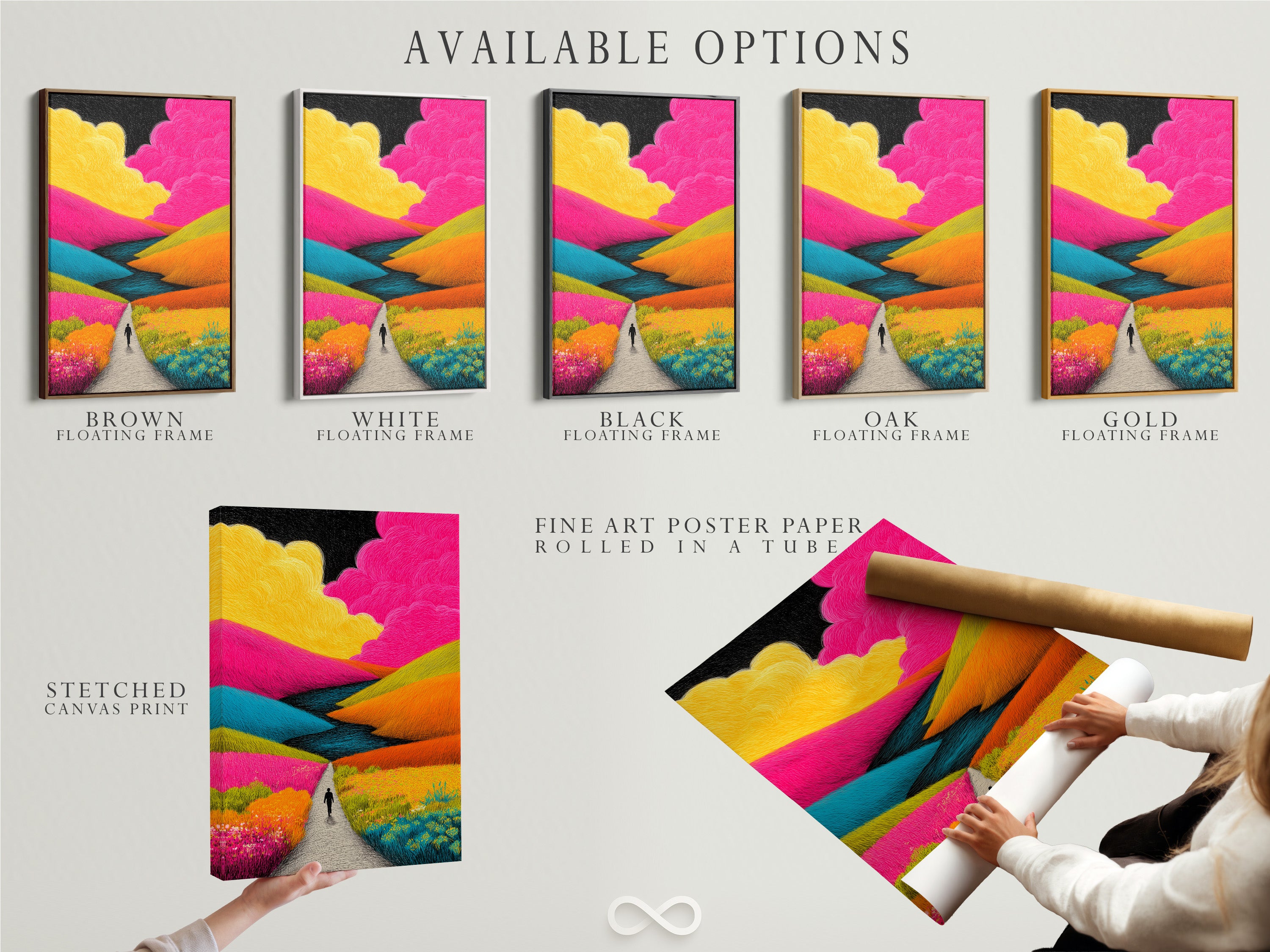 Explore the available options. Choose from a stretched canvas print fine art poster paper or a floating frame. Customize your artwork to match your style. Each option offers a unique look. Find your perfect art presentation.