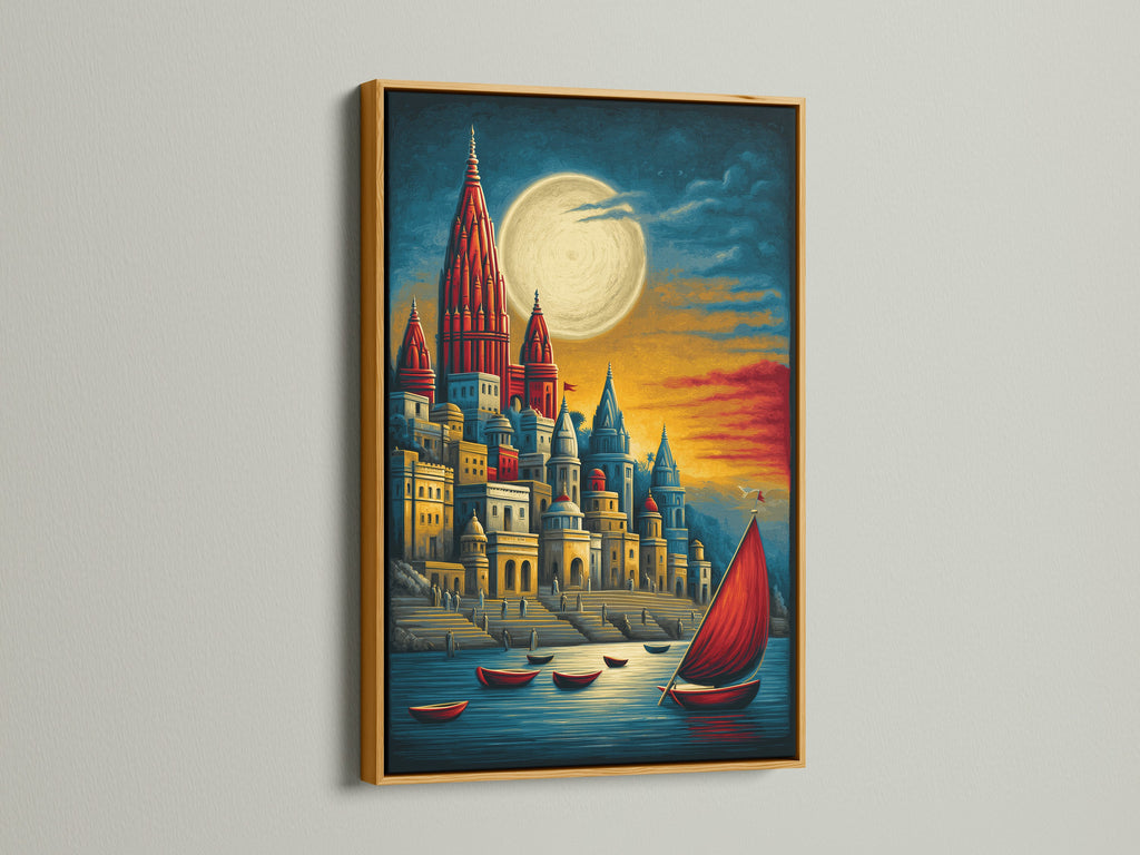 This gold frame highlights a stunning harbor scene art print. The artwork showcases a medieval castle and a sailboat under a full moon. The red and gold colors add warmth to any space. This is great for office wall decor.