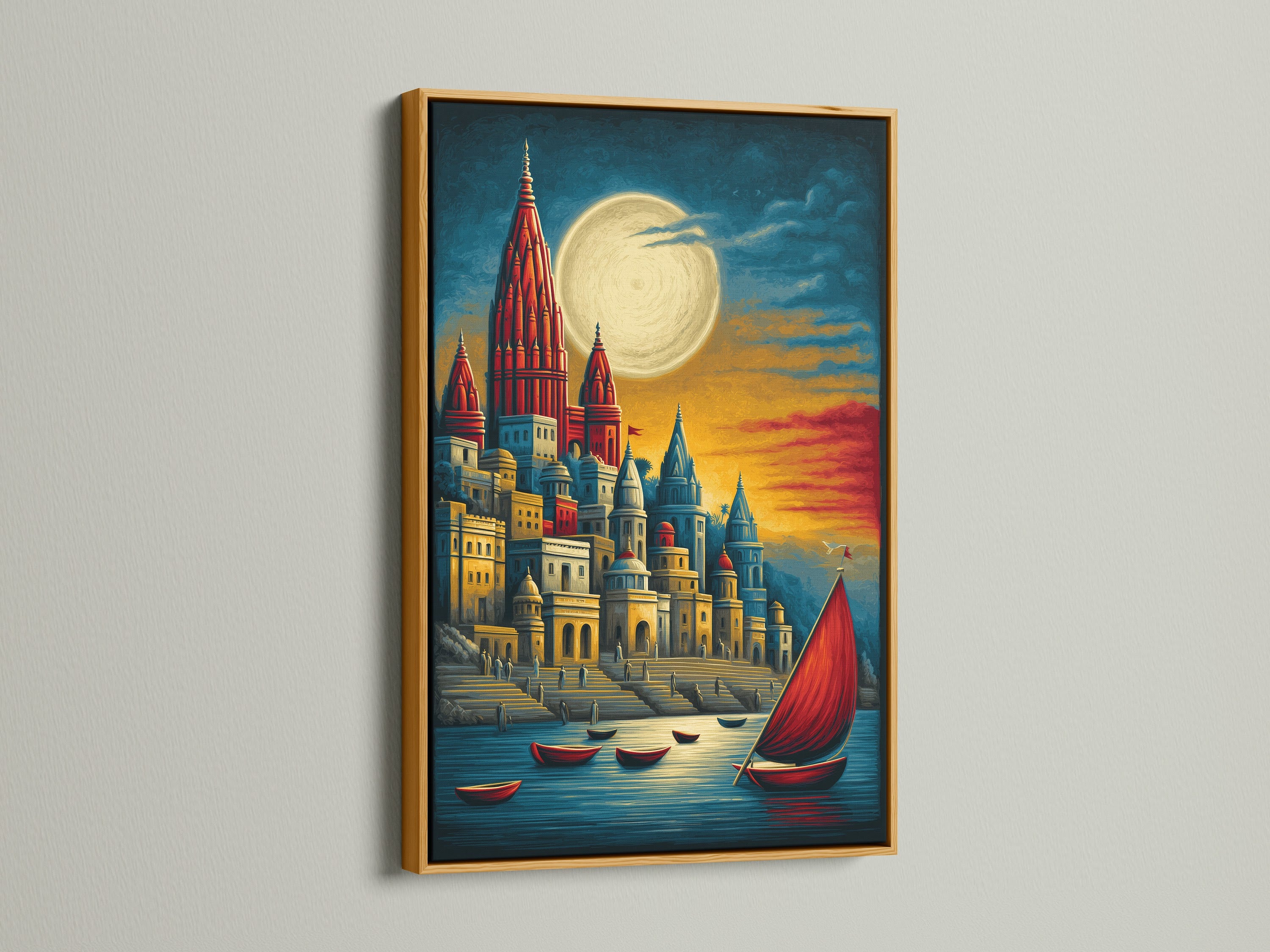 This gold frame highlights a stunning harbor scene art print. The artwork showcases a medieval castle and a sailboat under a full moon. The red and gold colors add warmth to any space. This is great for office wall decor.