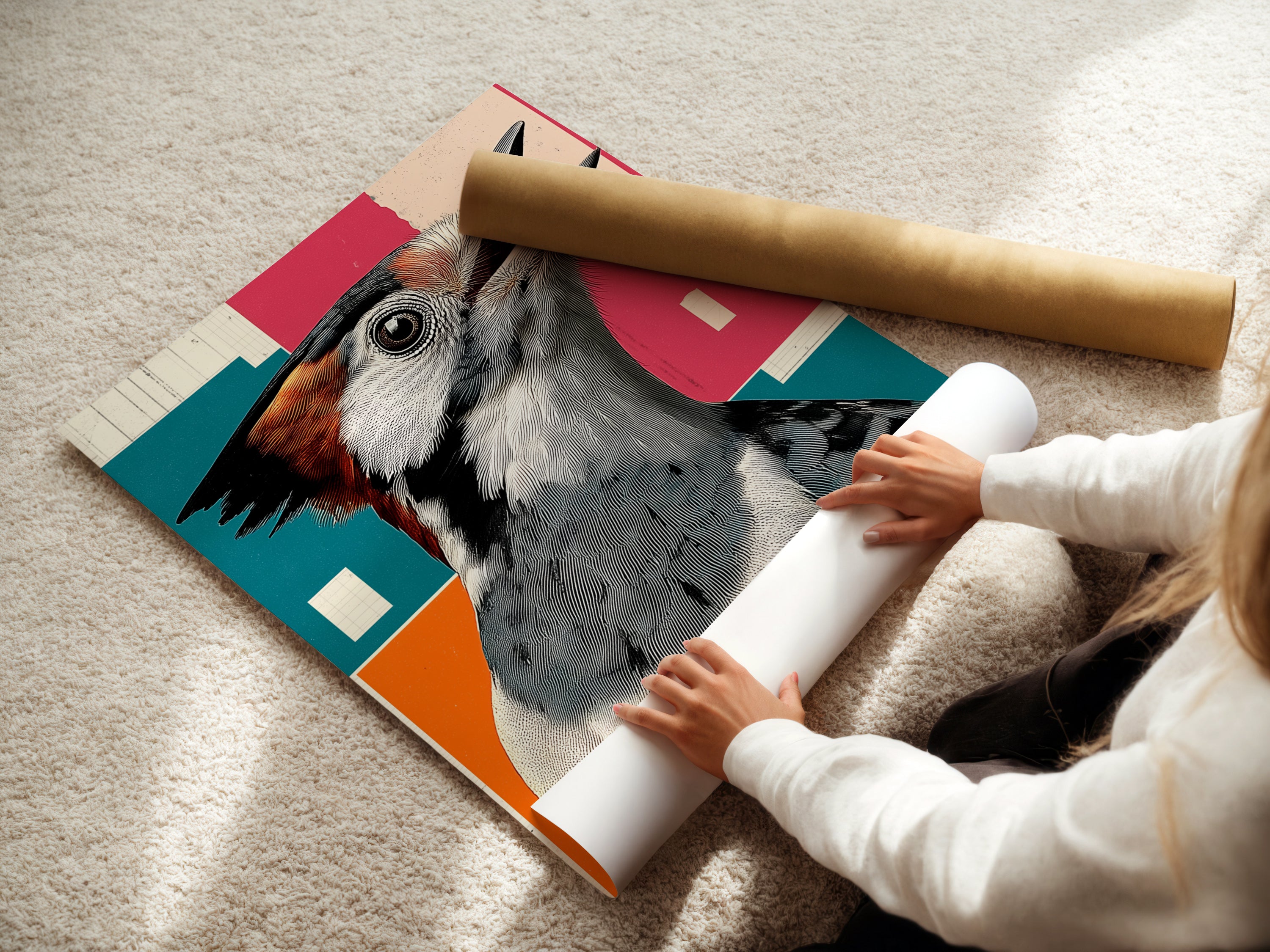 Woman rolling a fine art poster paper of a retro Woodpecker bird artwork. Geometric style gives study room and office a touch of nature. Bird canvas art is perfect for birdwatching gift. Colorful wall art for avian art print and bird lover gift. Nature artwork.