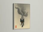 Dark fantasy fox spirit artwork in a white frame. The contrast enhances the mystical animal art. Ideal gothic wall decor for minimalist or eclectic interiors. This Japanese art style brings unique character.