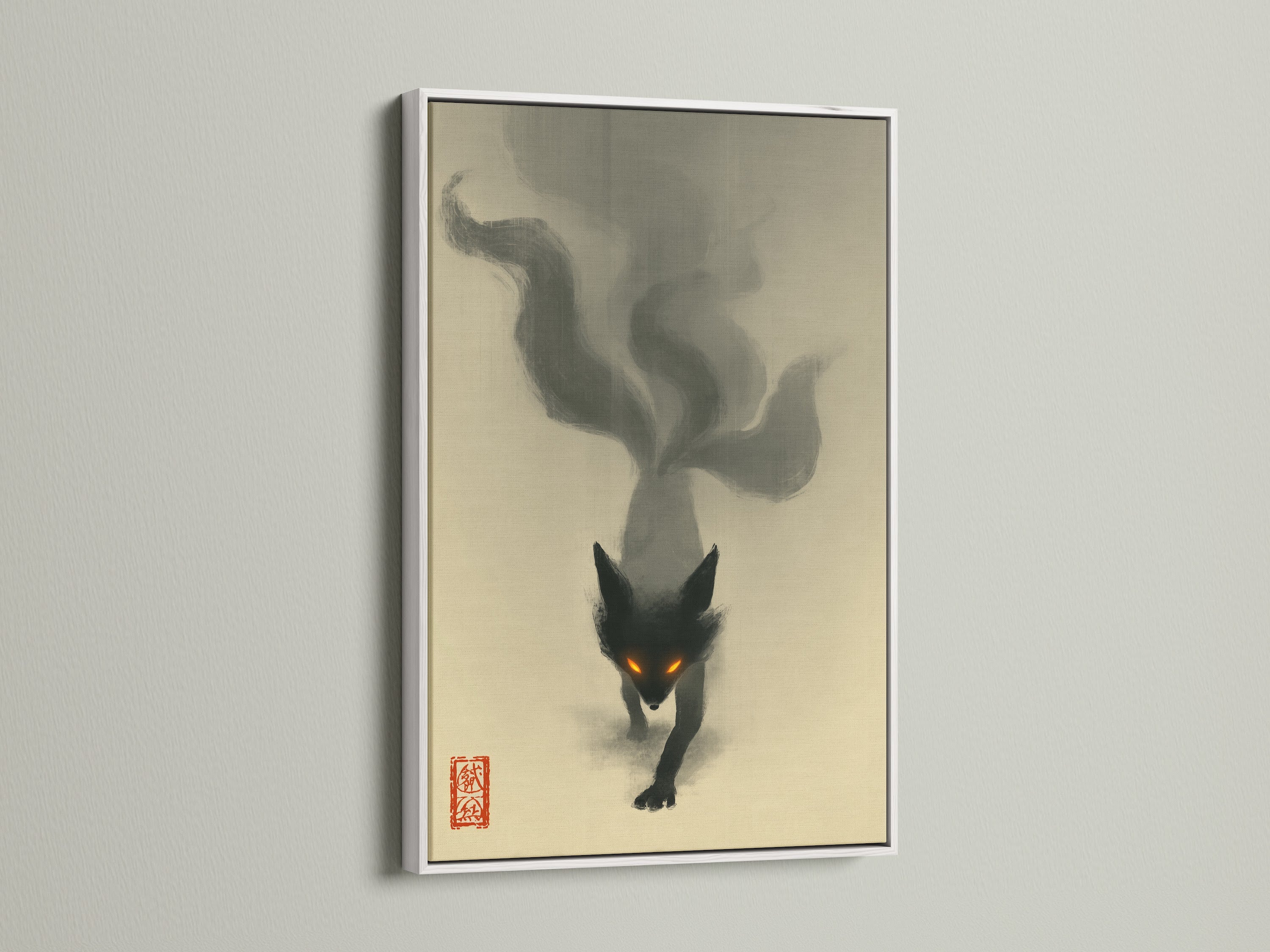 Dark fantasy fox spirit artwork in a white frame. The contrast enhances the mystical animal art. Ideal gothic wall decor for minimalist or eclectic interiors. This Japanese art style brings unique character.