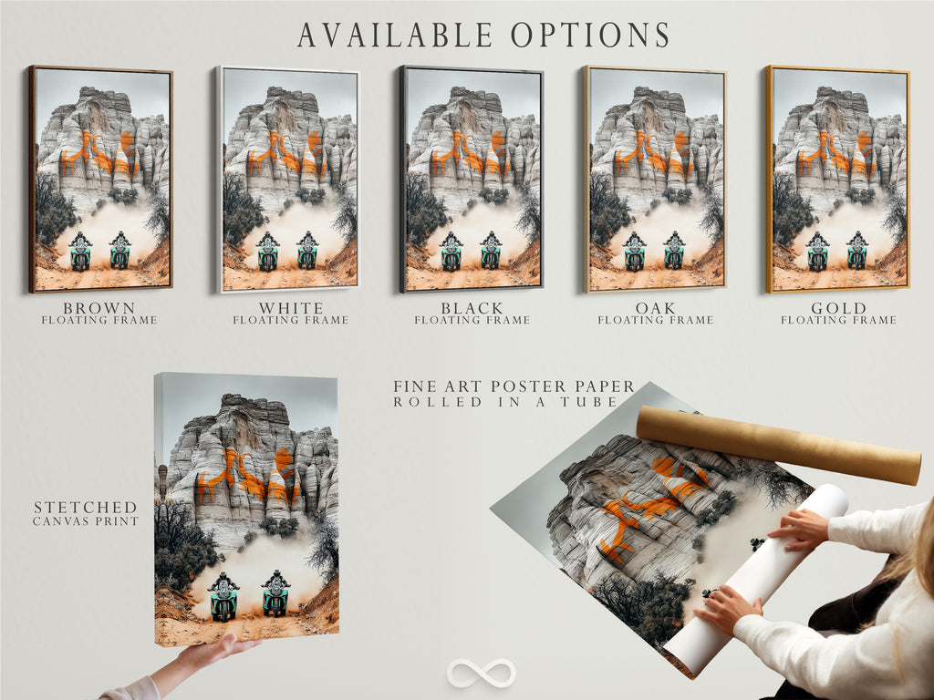 Explore available options for desert adventure art. Choose from a stretched canvas print fine art poster paper or floating frame. Perfect for displaying motorcycle wall art. Homeowners and sports fans can customize their adventure artwork. Select the ideal format for your desert landscape motorcycle print.
