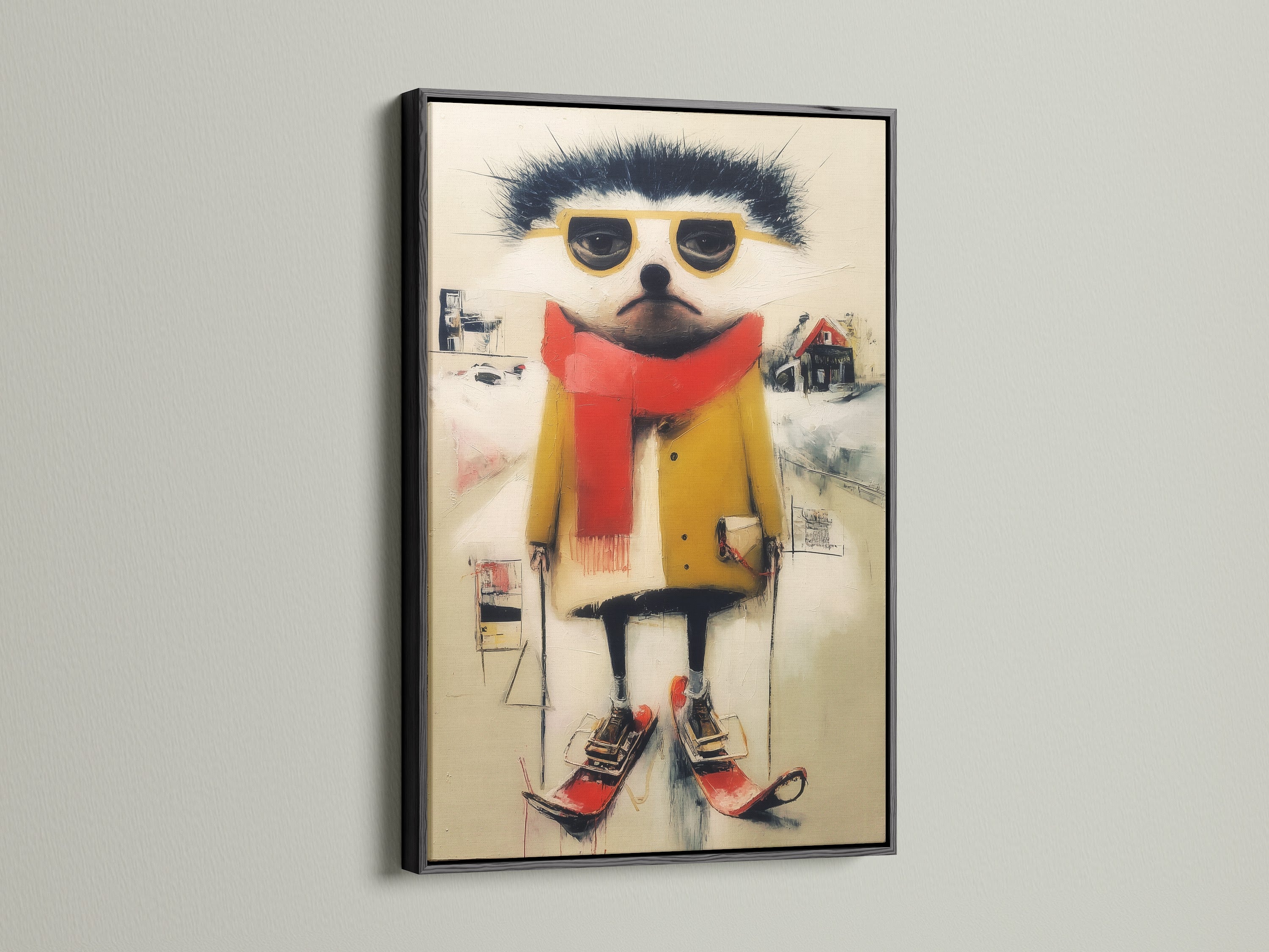 Black frame holding a quirky ski animal art print. This piece is great for adding a bold touch to your decor. Suitable for playrooms and boutique spaces. The contemporary folk art style brings a unique vibe