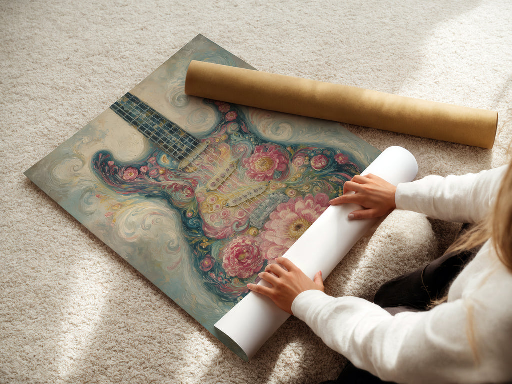 A woman carefully rolls a fine art poster paper. The paper is high-quality. It is ready for framing. This ensures the artwork remains in perfect condition. This is ideal for preserving your favorite prints. It protects your treasured art.