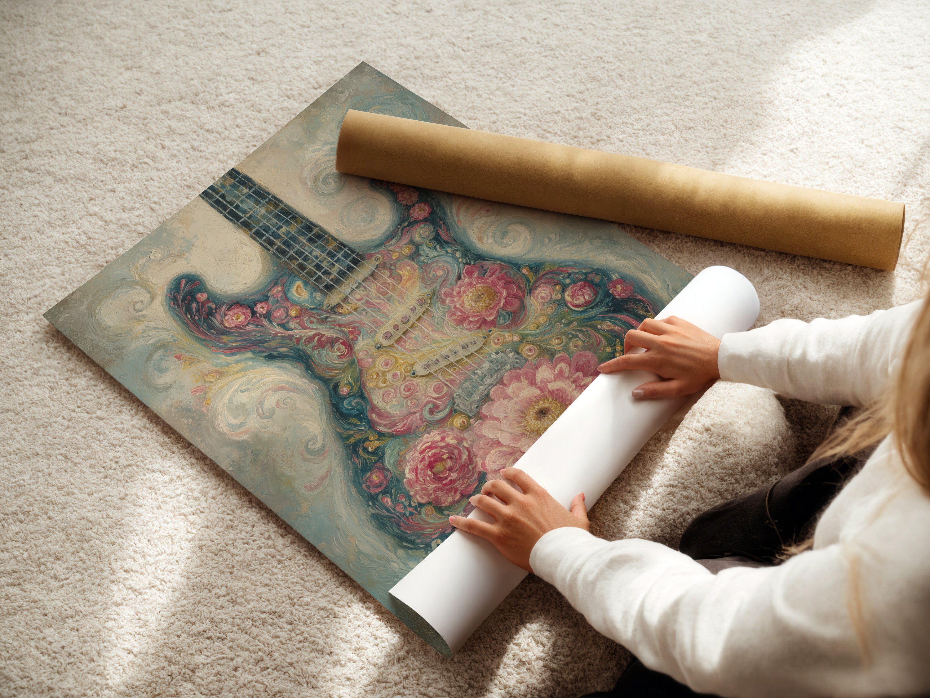 A woman carefully rolls a fine art poster paper. The paper is high-quality. It is ready for framing. This ensures the artwork remains in perfect condition. This is ideal for preserving your favorite prints. It protects your treasured art.