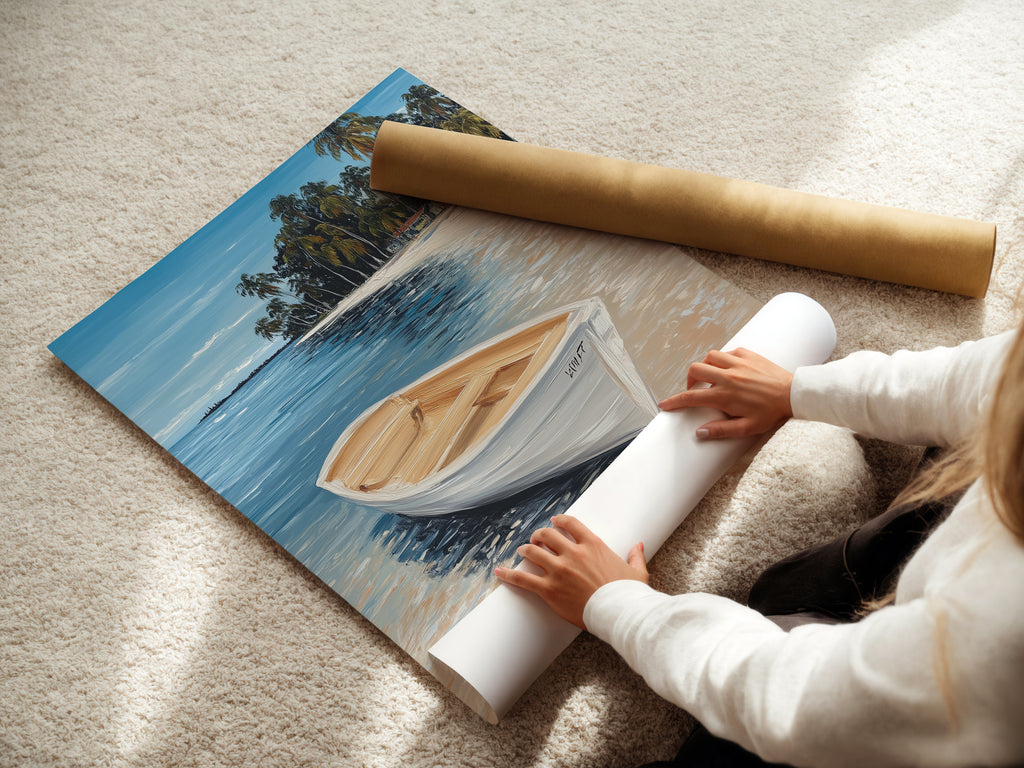A woman is rolling a fine art poster paper. This showcases our tropical beach artwork options. Choose from stretched canvas prints or fine art posters. Perfect for coastal wall art and beachy home decor. Explore our seascape paintings and nautical artwork.