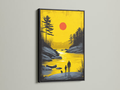Black frame highlighting sunset lake artwork. A father and child enjoy a peaceful moment in this golden landscape. This family art print enhances living spaces with its serene lakeside view. Perfect for modern minimalist and contemporary decor. Add this calming piece to your wall art collection.