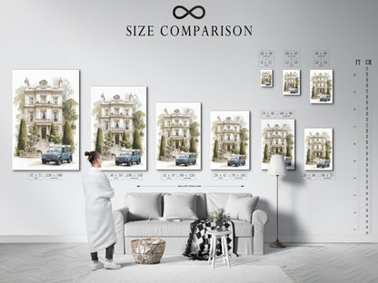 Manoir d'époque avec voiture classique - Impression d'art d'architecture à l'aquarelle, Décoration murale de villa européenne, Impression pour maison traditionnelle
