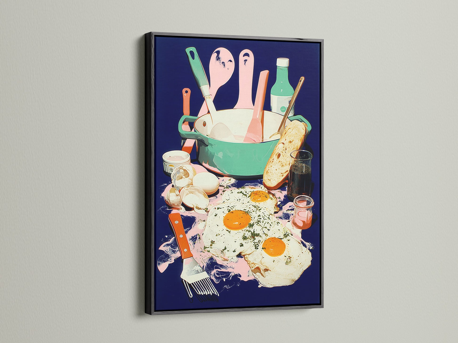 Breakfast Still Life art is presented in a sleek black frame. The artwork depicts a vibrant food scene with eggs and toast. This modern food art adds a touch of culinary whimsy to your kitchen or cafe. Great for dining wall art.