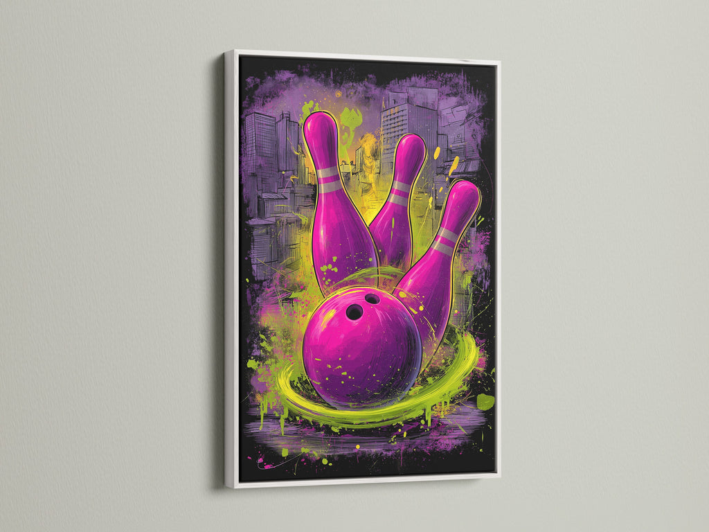 Bowling art is showcased in a white frame. The purple and green graffiti art print stands out. Perfect for adding a contemporary touch to a game room or man cave. The white frame complements the urban sports wall decor.
