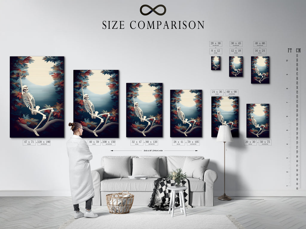 A size comparison chart is displayed in an interior setting. The chart shows available sizes for a skeleton canvas print. This helps visualize the perfect fit for your wall decor needs.