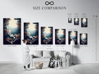 A size comparison chart is displayed in an interior setting. The chart shows available sizes for a skeleton canvas print. This helps visualize the perfect fit for your wall decor needs.