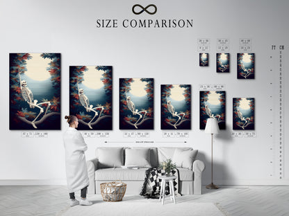 A size comparison chart is displayed in an interior setting. The chart shows available sizes for a skeleton canvas print. This helps visualize the perfect fit for your wall decor needs.