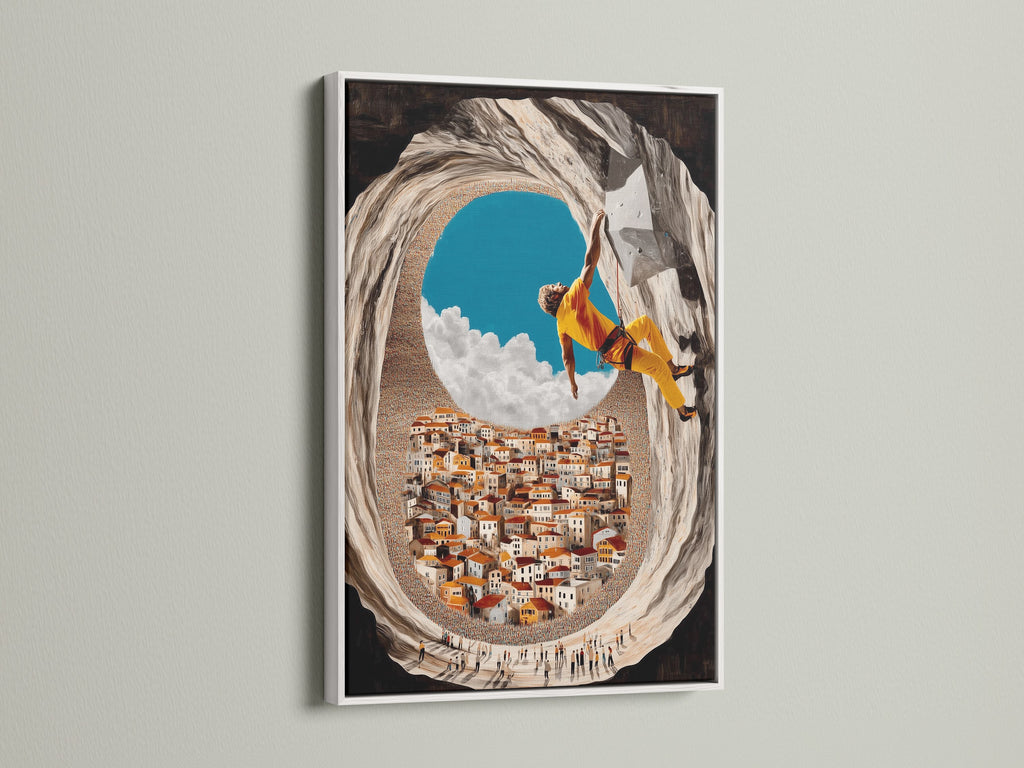 White frame showcases Mediterranean Village Canvas Print. Ideal for office wall decor. Climbing wall decor for sports lovers. Adventure wall art for extreme sports art enthusiasts. Bring adventure and style to your home or office with this artwork.