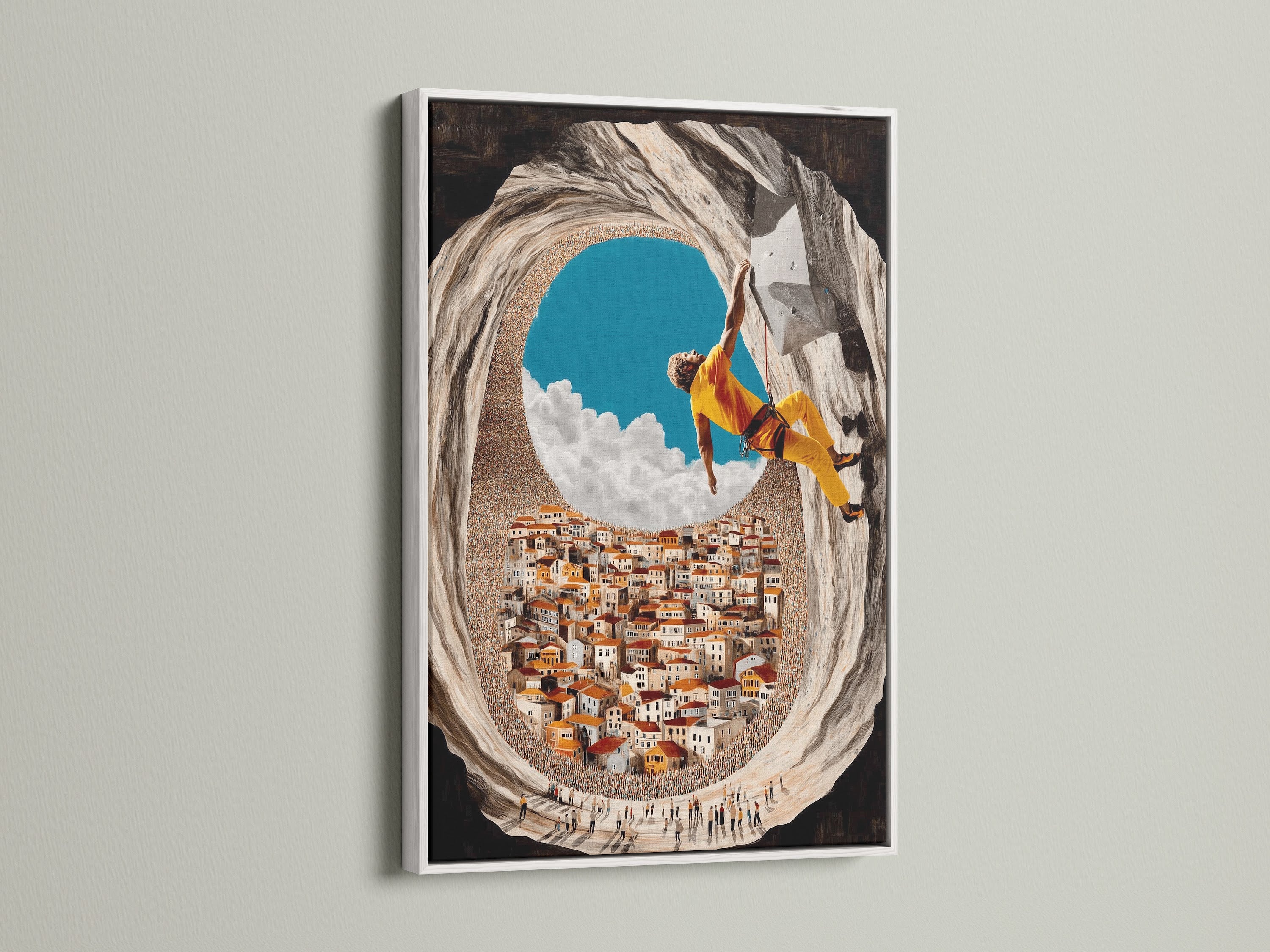 White frame showcases Mediterranean Village Canvas Print. Ideal for office wall decor. Climbing wall decor for sports lovers. Adventure wall art for extreme sports art enthusiasts. Bring adventure and style to your home or office with this artwork.