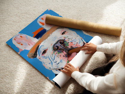 A woman carefully handles a fine art poster paper print. The paper is ready to showcase a French Bulldog artwork a quirky pet portrait ideal for man cave decor. This high-quality print ensures vibrant colors and sharp details.