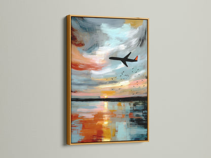 Modern airplane artwork in a gold frame. This aviation print features a sunset reflection. The gold frame adds a touch of luxury to the abstract wall art. Elevate your space with this travel artwork. Perfect for your bedroom wall decor.