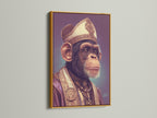 The chimp pope art print is highlighted by a luxurious gold frame. The metallic finish enhances the artwork's regal and surreal qualities. This animal portrait brings a touch of opulence and humor to your decor. This would be a great conversation starter in any living room or creative space.