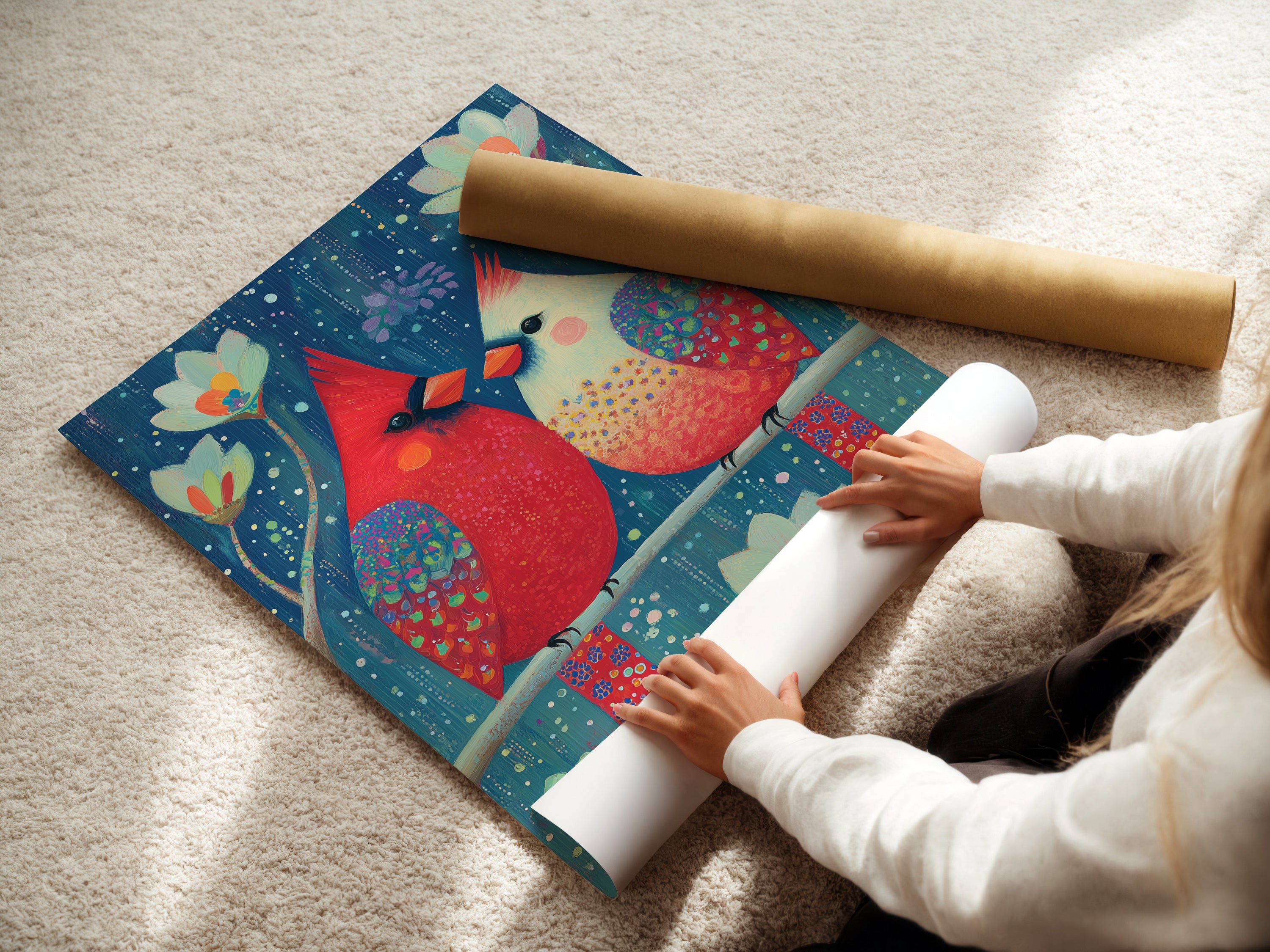 A woman is carefully rolling a fine art poster paper featuring cardinal bird art. The floral wall art is delicate and beautiful. The colorful bird artwork is protected during handling. This shows the care taken in preparing avian artwork. The nature-inspired art is ready for framing. This vibrant art is perfect for any home.