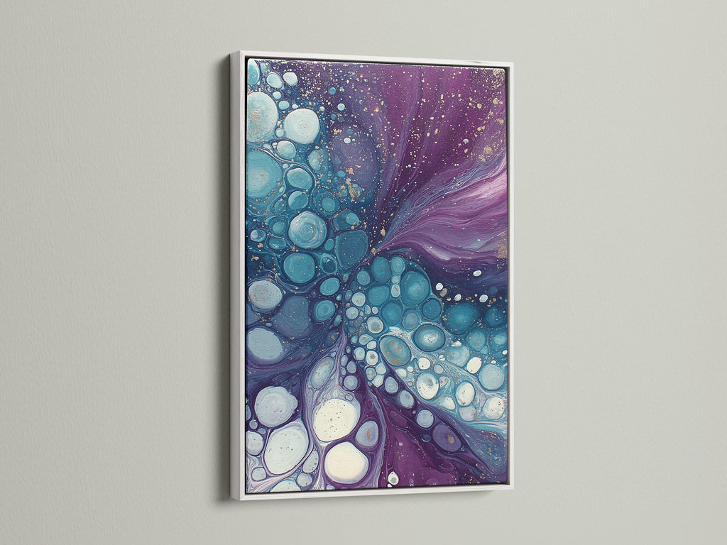 Experience the beauty of abstract fluid art with a white frame. This modern canvas print features purple and teal hues. The bubble artwork creates a serene atmosphere. It's perfect for bedroom wall decor. The white frame offers a clean contemporary look.