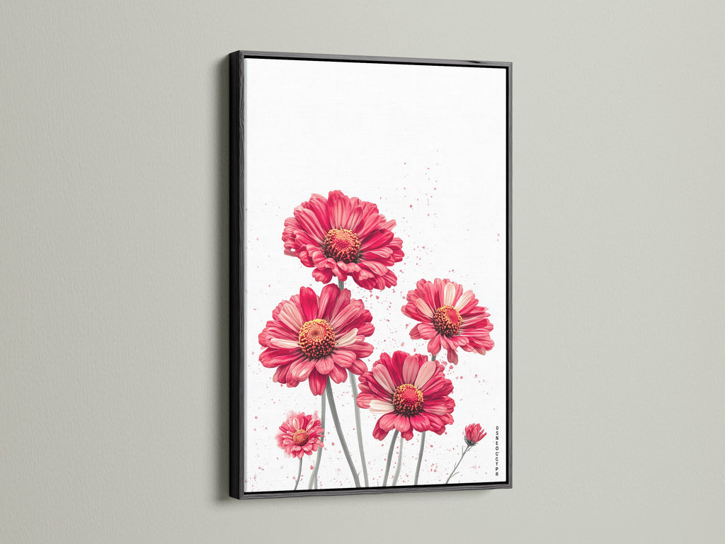 A striking red floral canvas print is presented in a black frame. This modern flower artwork makes a bold statement. The crimson blossoms pop against the dark frame. A stylish choice for contemporary spaces.