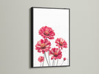 A striking red floral canvas print is presented in a black frame. This modern flower artwork makes a bold statement. The crimson blossoms pop against the dark frame. A stylish choice for contemporary spaces.