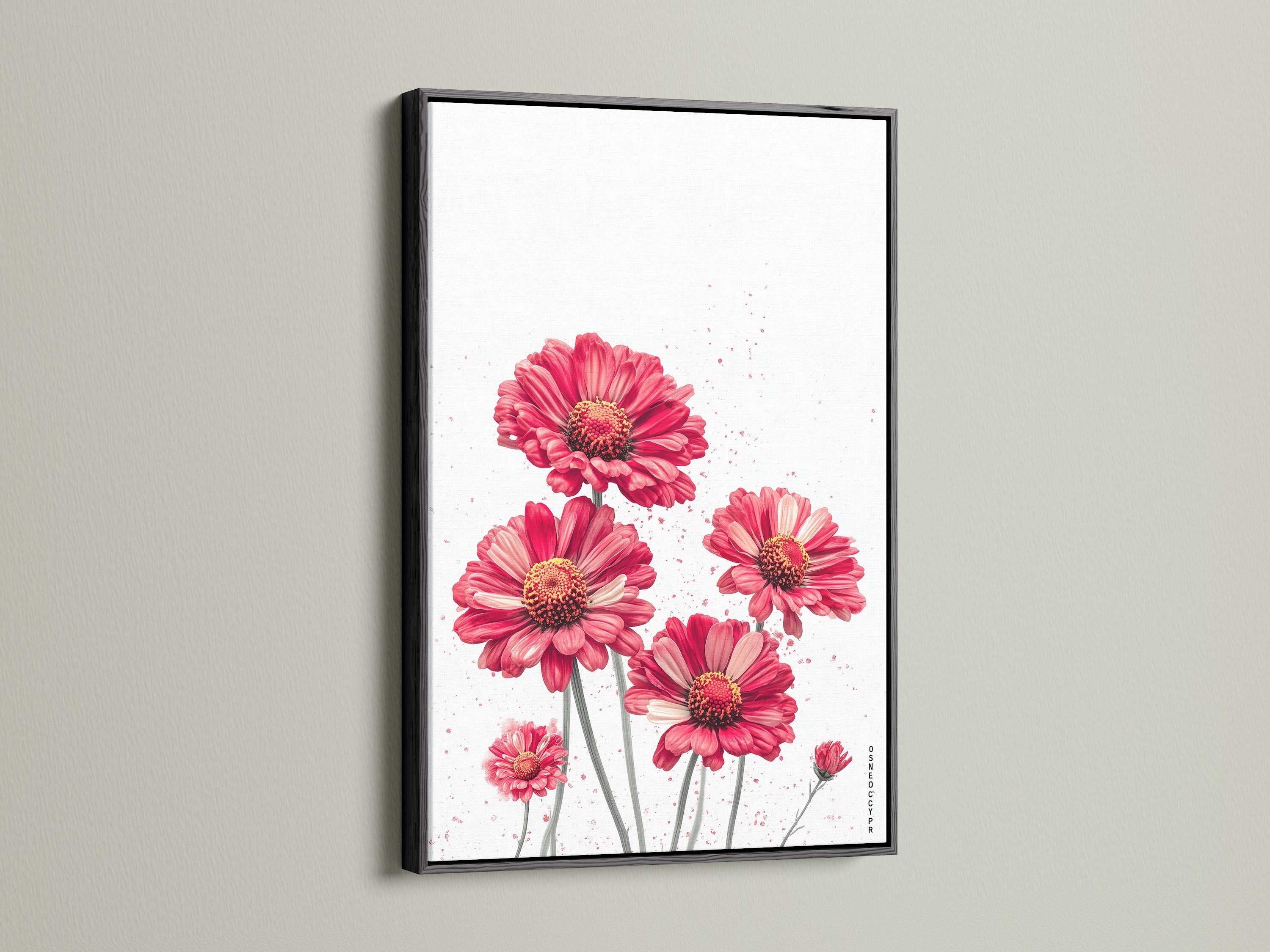 A striking red floral canvas print is presented in a black frame. This modern flower artwork makes a bold statement. The crimson blossoms pop against the dark frame. A stylish choice for contemporary spaces.