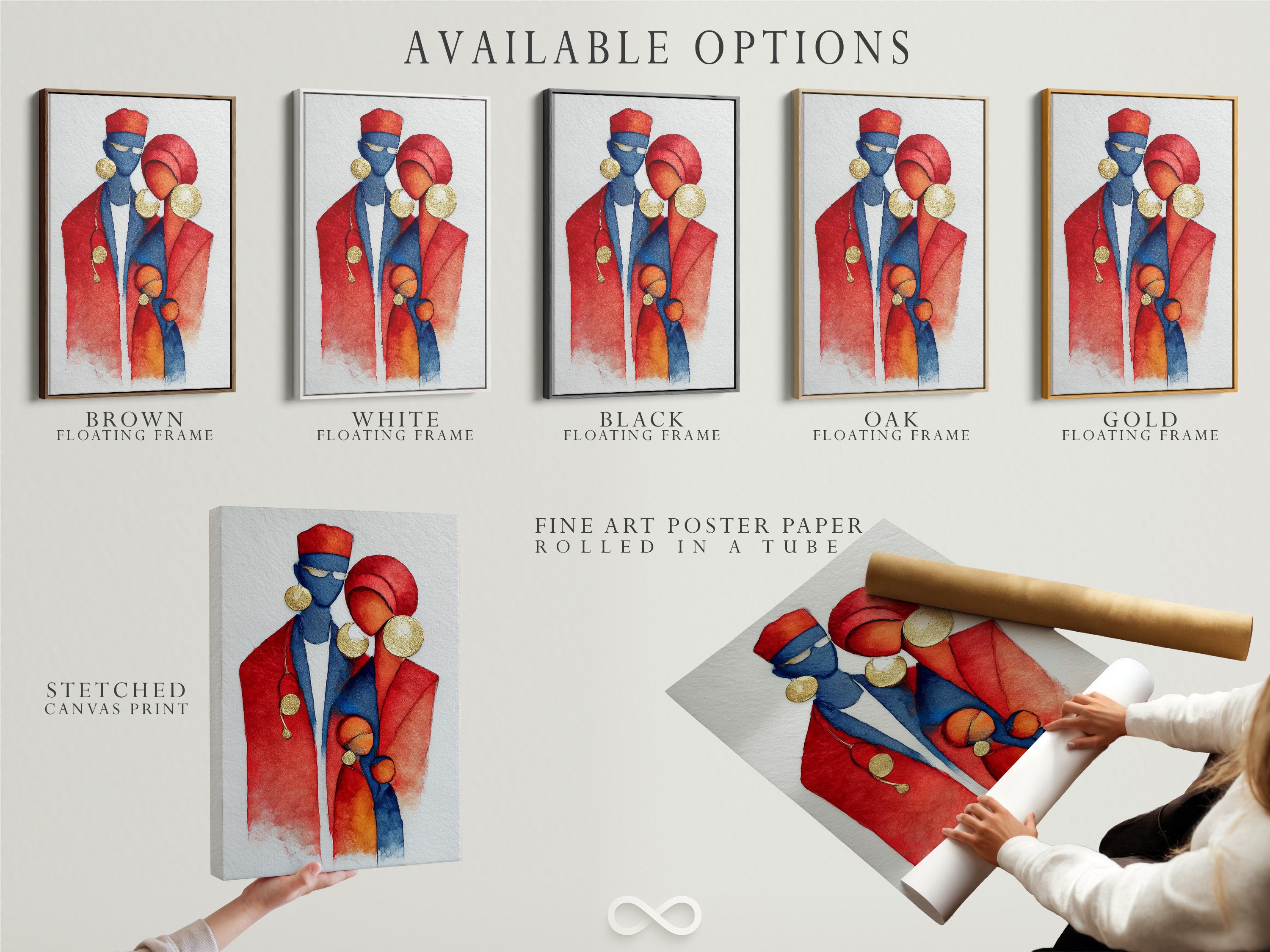Available options are displayed including a stretched canvas print. Also shown is a fine art poster paper. A floating frame option is available. The artwork features an African family. Select your preferred format for this cultural artwork.