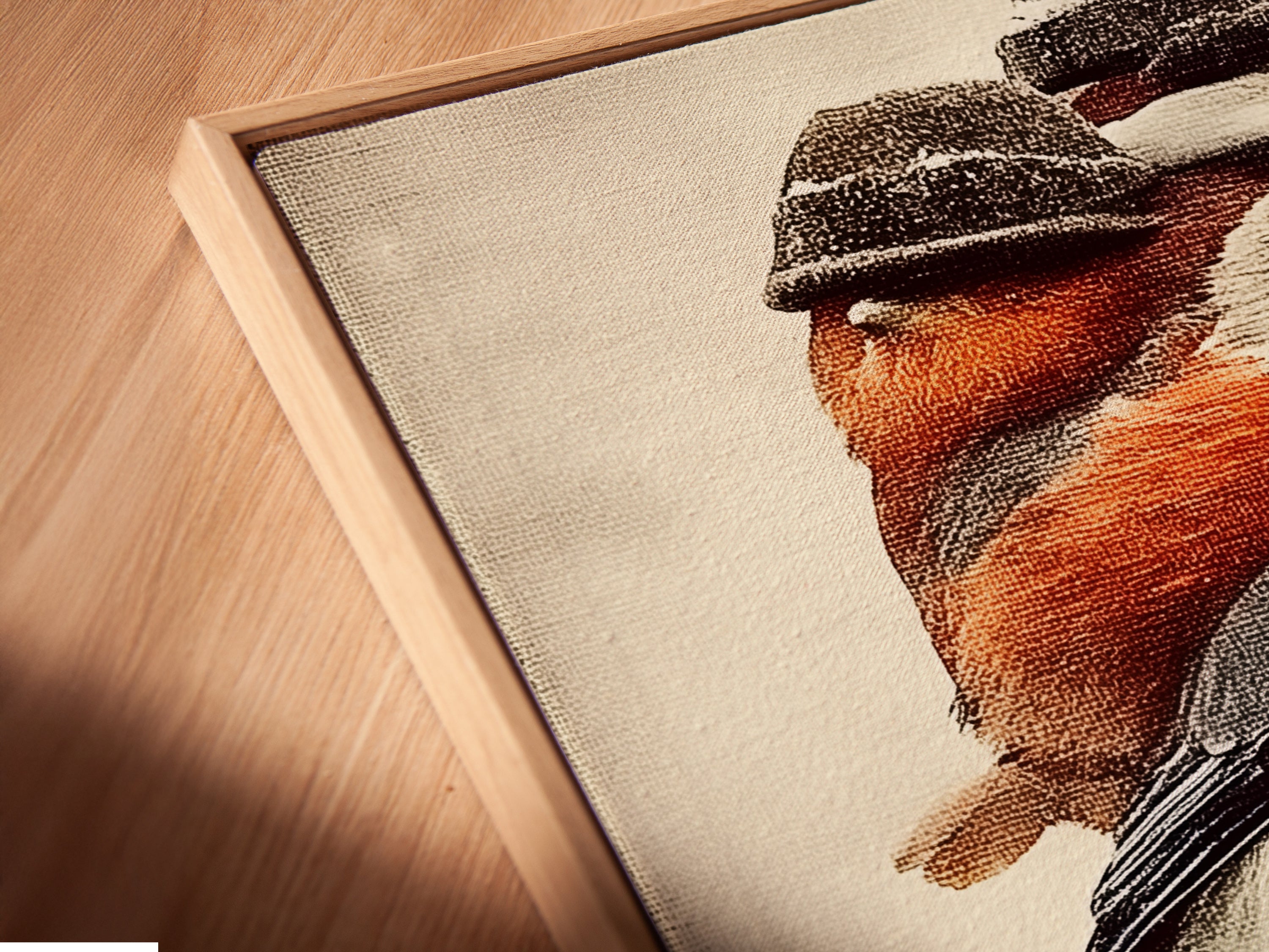 Angled close up of a canvas print in a floating frame. The artwork features colorful birds in a vintage style. This rustic wall decor adds depth and dimension to your space. Perfect for study or living room decor.