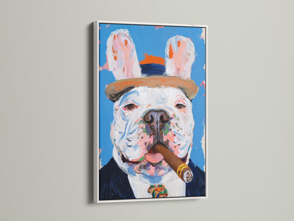 A stylish French Bulldog artwork in a white frame adds elegance to any room. The artwork features a cigar-smoking dog a quirky pet portrait ideal for man cave decor. The white frame offers a clean contemporary look.