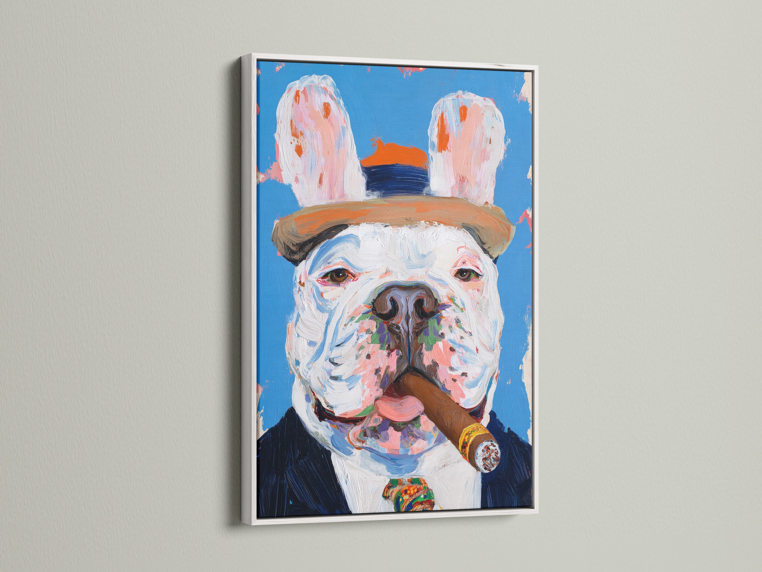 A stylish French Bulldog artwork in a white frame adds elegance to any room. The artwork features a cigar-smoking dog a quirky pet portrait ideal for man cave decor. The white frame offers a clean contemporary look.