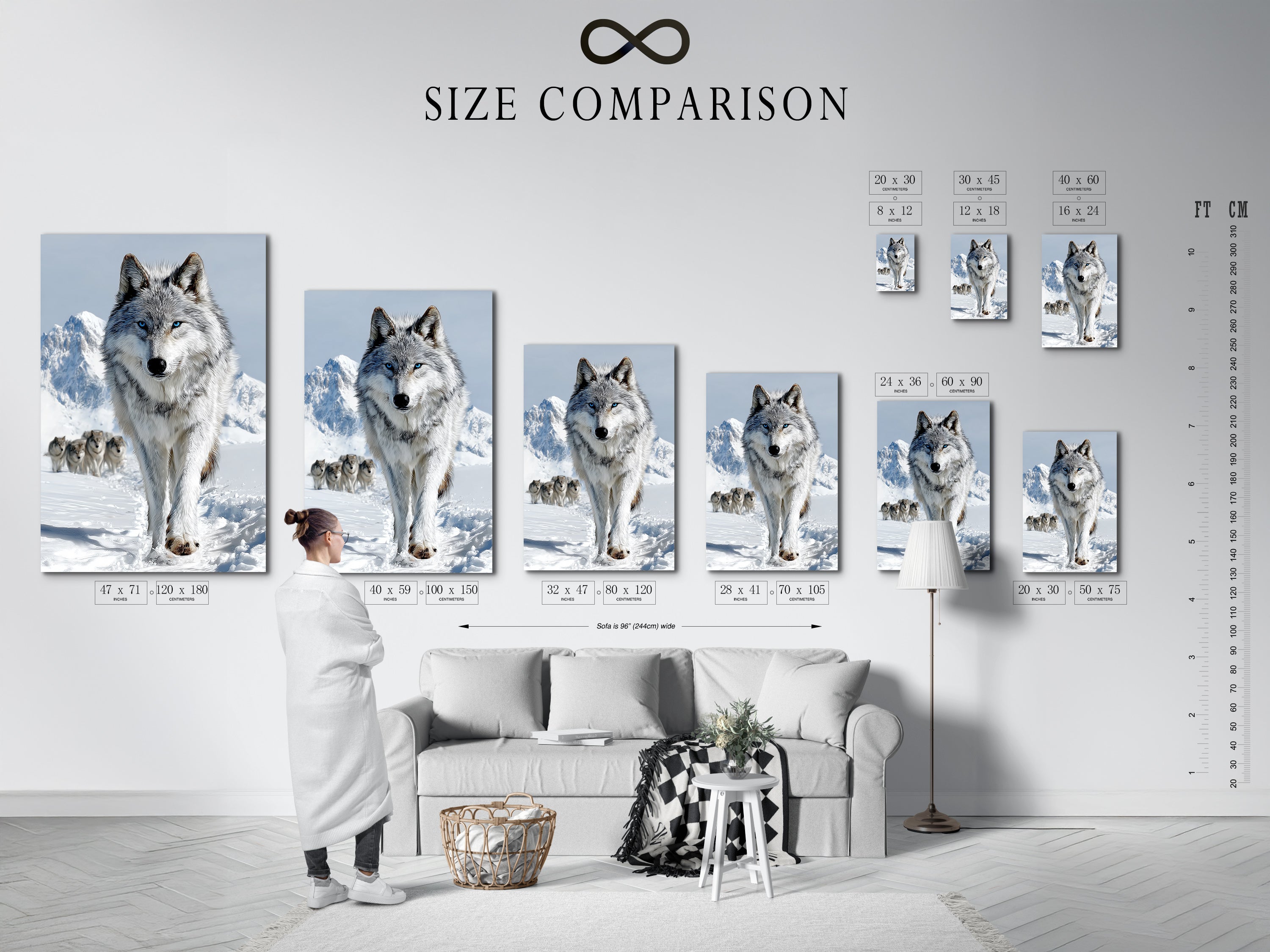 Size comparison chart in interior displays a wolf pack artwork. See the animal wall art and winter landscape options. Find your perfect wildlife print for cabin wall decor. Choose the ideal size for your nature-inspired artwork.