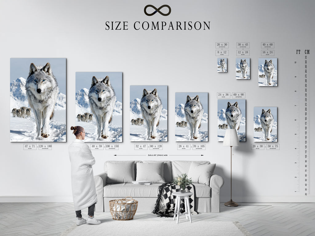 A size comparison chart in an interior setting displays various options for wolf art. Compare sizes for stretched canvas prints fine art posters and framed pieces. Find the perfect fit for your space with this helpful guide.