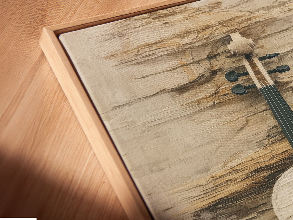 Angled close-up of a canvas print with a floating frame. The vintage violin art is beautifully showcased. The neutral tones enhance the musical instrument's charm. A perfect piece of rustic artwork for any room.
