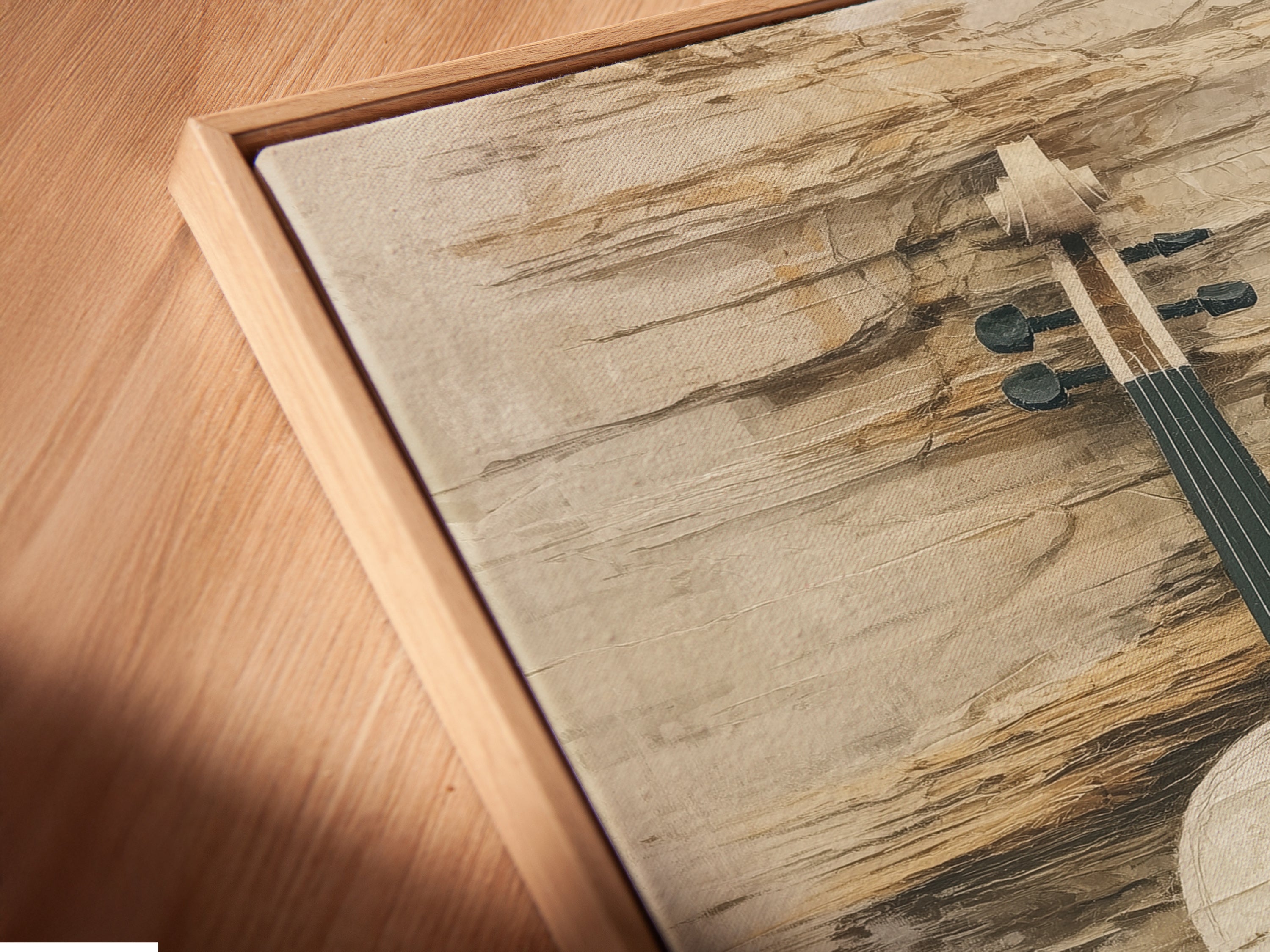 Angled close-up of a canvas print with a floating frame. The vintage violin art is beautifully showcased. The neutral tones enhance the musical instrument's charm. A perfect piece of rustic artwork for any room.