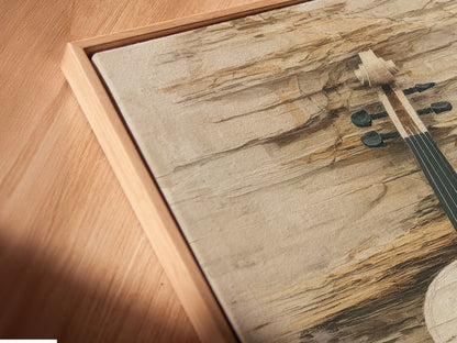 Angled close-up of a canvas print with a floating frame. The vintage violin art is beautifully showcased. The neutral tones enhance the musical instrument's charm. A perfect piece of rustic artwork for any room.
