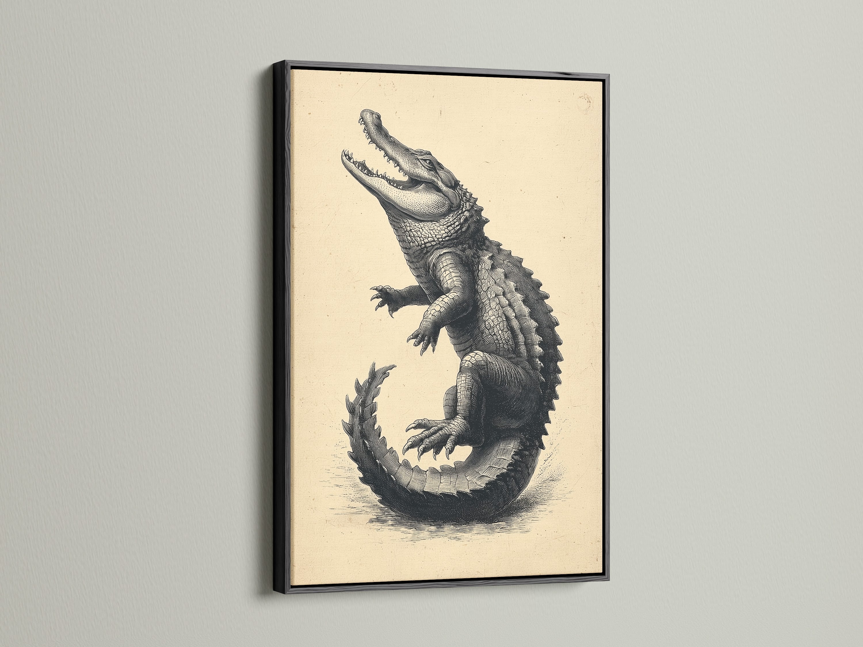 Vintage alligator artwork in a black frame. This vintage reptile artwork is ideal for academics and researchers. Elevate your office with this antique animal print. Perfect for educational spaces.