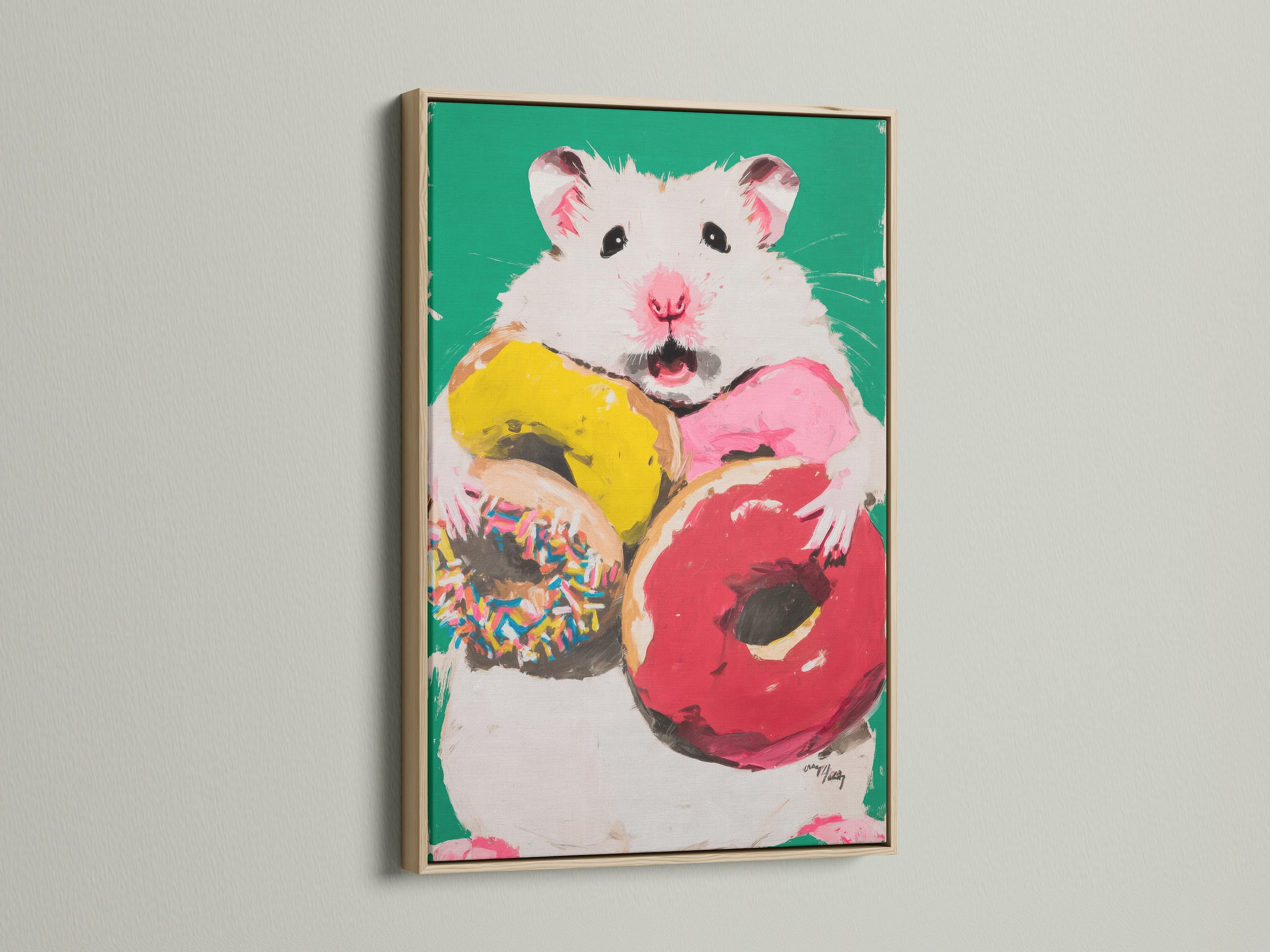 The hamster donut artwork is framed in oak. This cute animal art adds a touch of fun to any room. Ideal for kids room decor. The colorful pet portrait makes a charming statement.