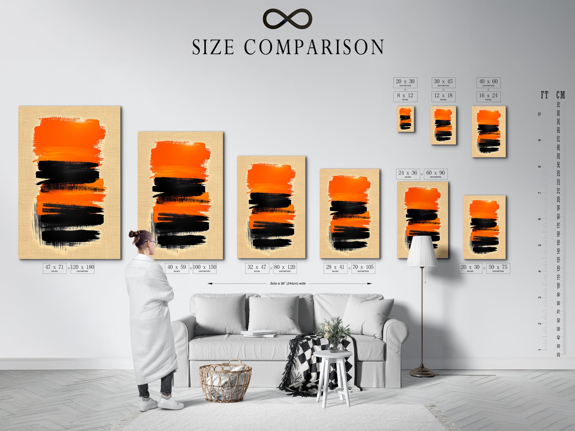 A size comparison chart in an interior setting. It demonstrates how the Abstract Brush Stroke Art fits in different spaces. Visualize the impact of this orange and black canvas print. Choose the perfect size for your wall decor.