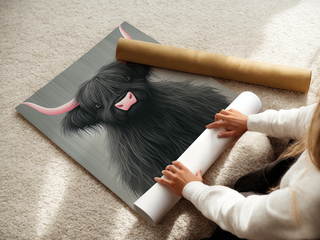 A woman is carefully rolling fine art poster paper. This ensures your Highland Cow artwork arrives in perfect condition. High-quality materials and careful handling guarantee a flawless print. Ready to frame and display in your home. Perfect for wall art.