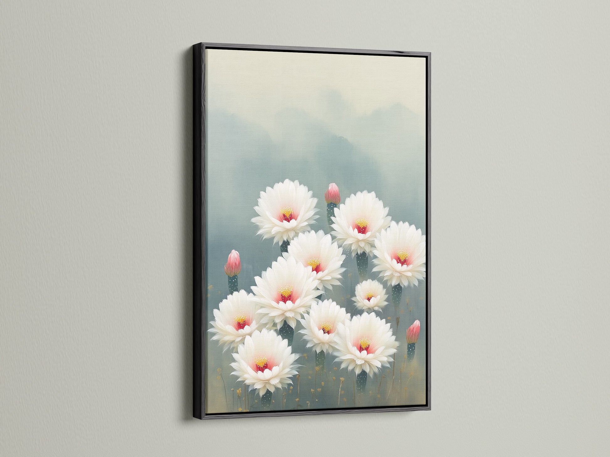 A black frame highlights the Cactus Flower artwork. This botanical print adds a touch of nature to your walls. The desert bloom floral canvas is perfect for creating a serene bedroom art display. Consider this flower artwork for contemporary wall decor.