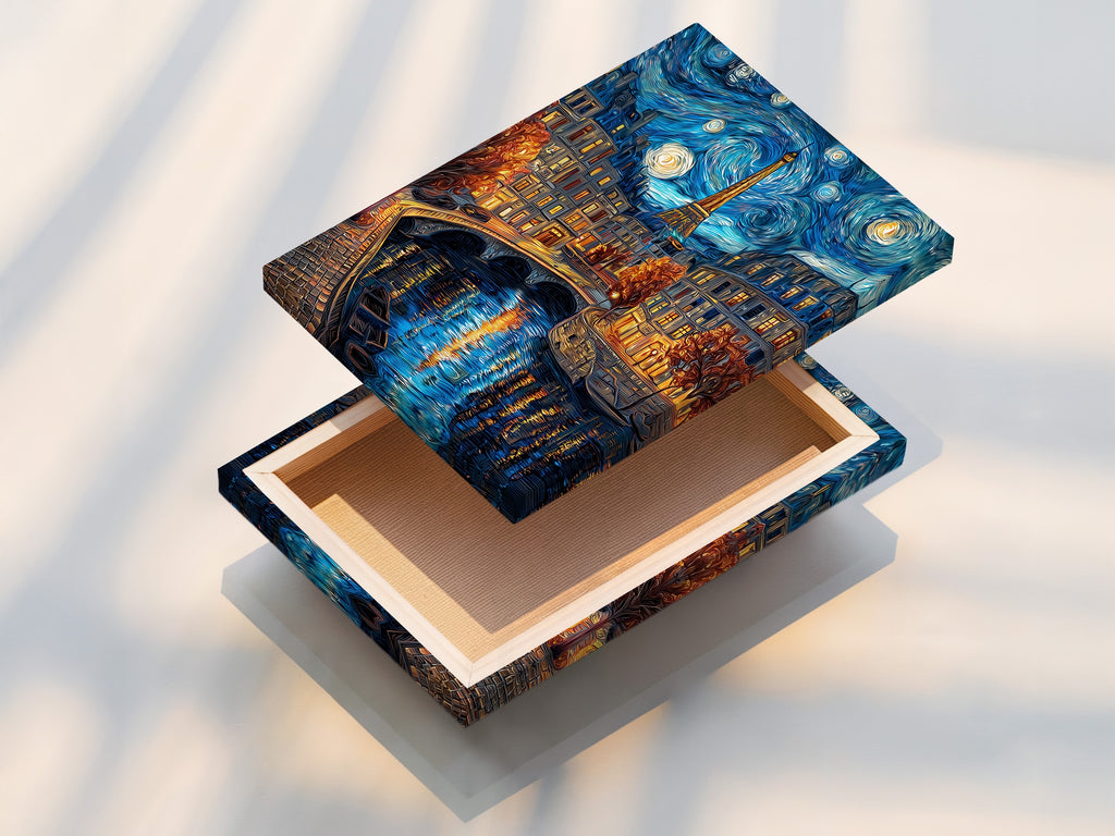 A stretched canvas print is displayed. The art piece is a night scene with the Eiffel Tower in Paris. The artwork is reflecting on the water. The stretched canvas print is ready to hang and enjoy. This is high-quality artwork.