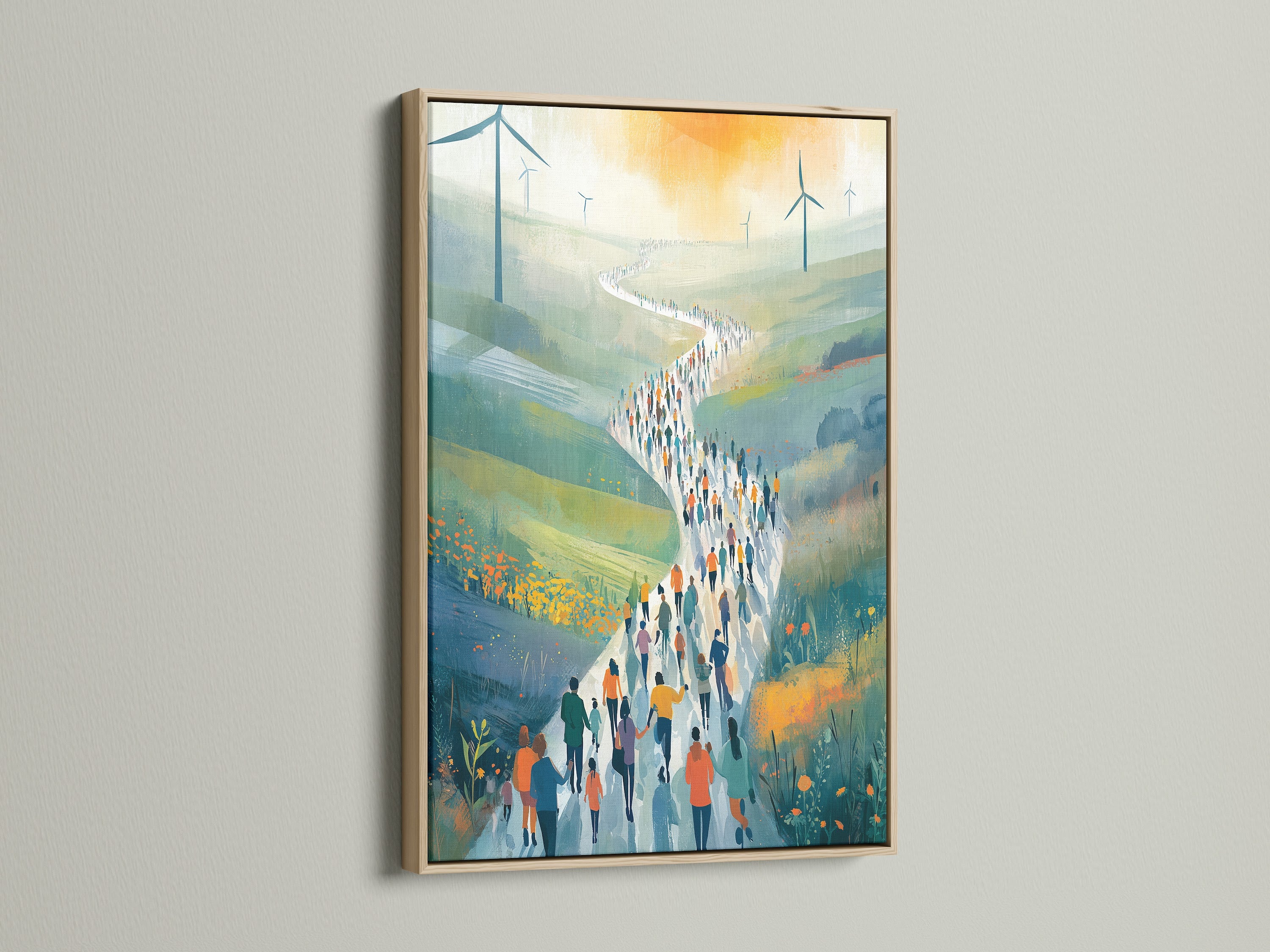 Wind Farm Migration Art - Modern Landscape Print, People Walking Path Through Rolling Hills, Green Energy Wall Art, Contemporary