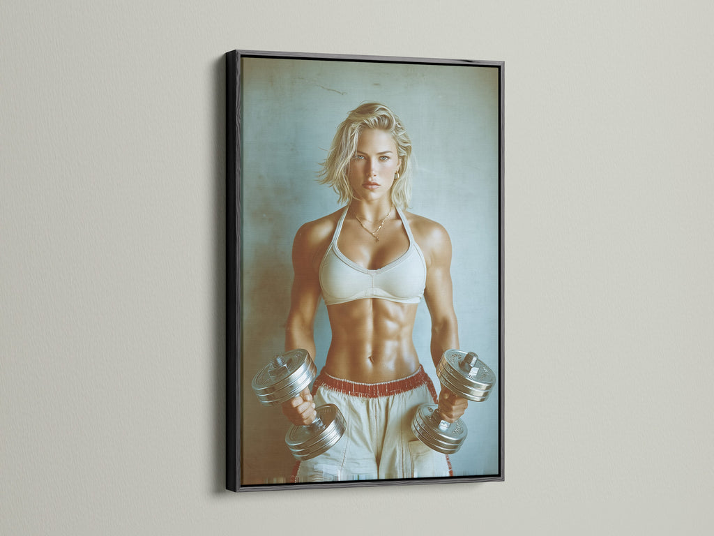 The Fitness Motivation artwork is showcased in a black frame. The artwork is of a strong woman. The contrast of the black frame makes the colors pop. Enhance your weightlifting space with this motivational canvas.