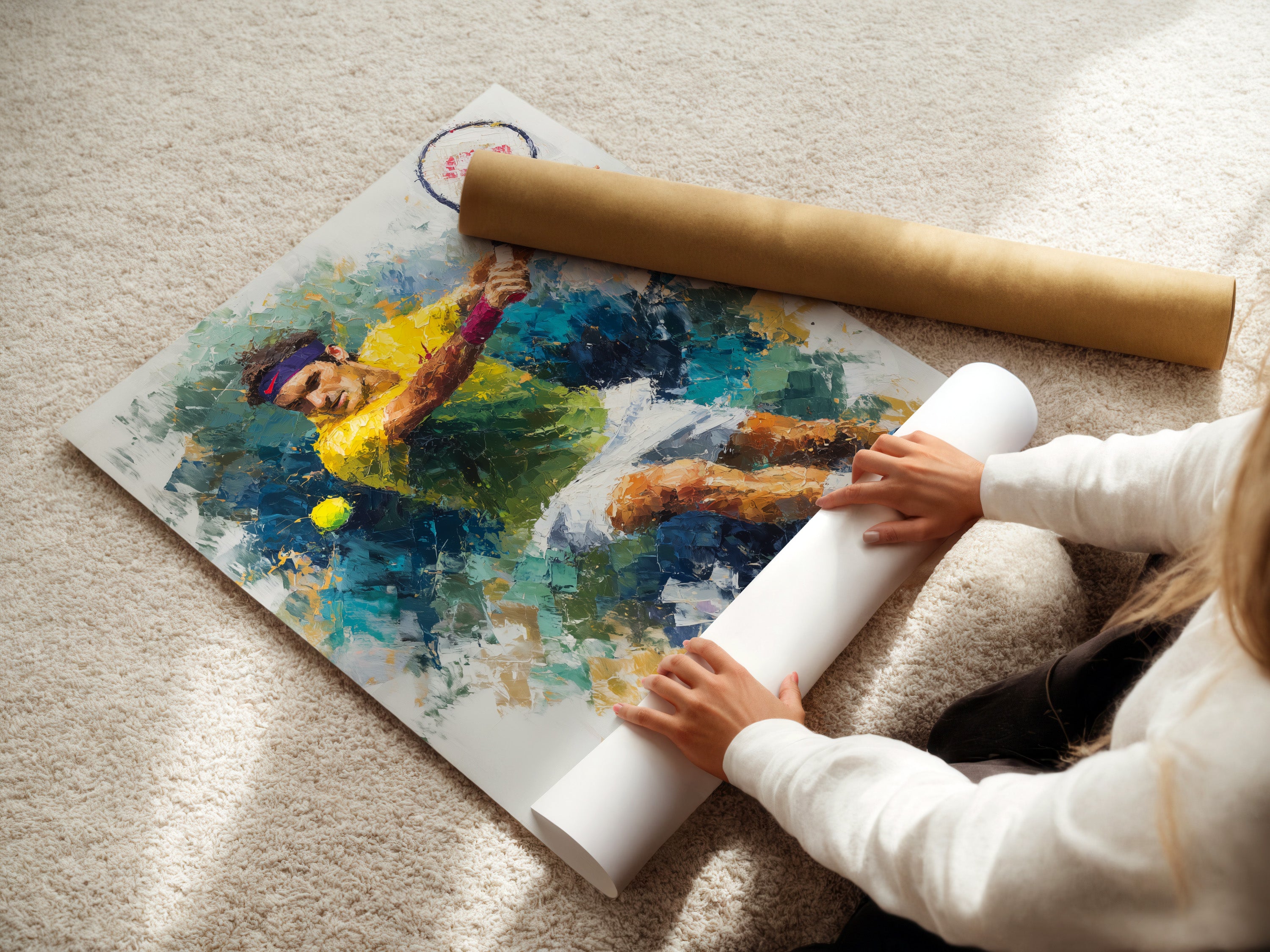A woman is rolling a fine art poster paper of a tennis player. This sports wall decor uses abstract watercolor techniques. This tennis artwork is perfect for a home gym. The athletic wall art adds a touch of energy. Ideal for sports fans and athletes.